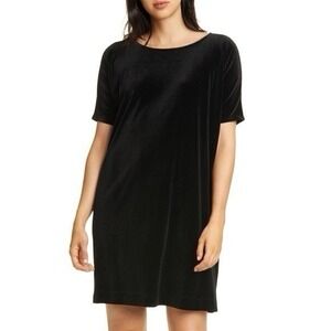 Eileen Fisher Medium Velvet Shift Dress Black Short Sleeve Round Neck Lagenlook